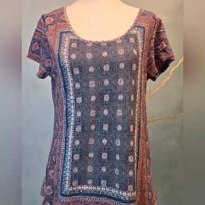 Lucky Brand Cotton Linen Blend Blue and Pink Boho Bandana Print Short Sleeve Top